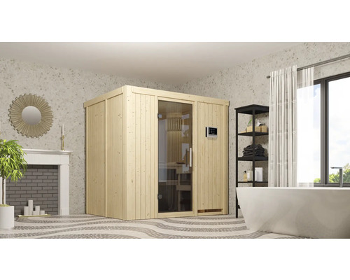 Houten sauna met glazen deur in een badkamer.