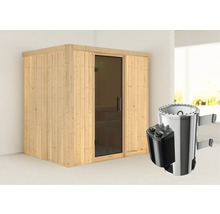 Houten sauna met glazen deur en saunakachel