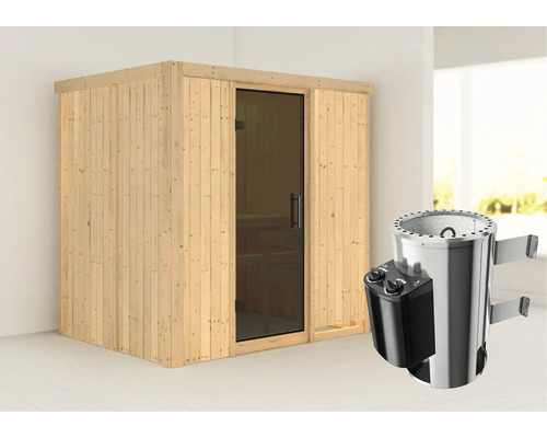 Houten sauna met glazen deur en saunakachel