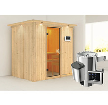 Houten sauna met glazen deur en saunakachel