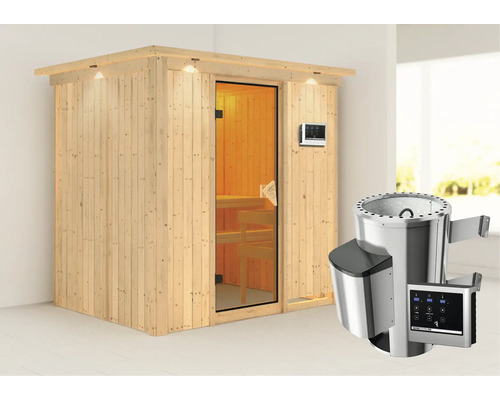 Houten sauna met glazen deur en saunakachel