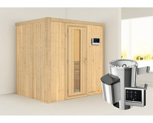 Sauna met glazen deur en metalen saunakachel