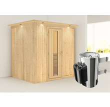 Houten sauna met glazen deur en kachel