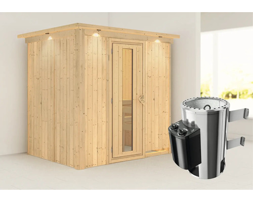 Houten sauna met glazen deur en kachel
