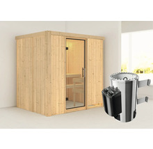 Houten sauna met glazen deur en saunakachel