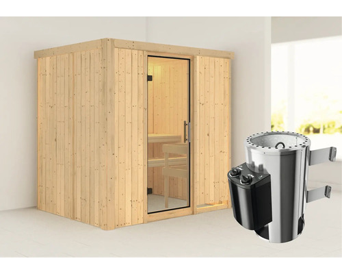 Houten sauna met glazen deur en saunakachel