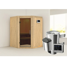 Sauna met glazen deur en saunakachel
