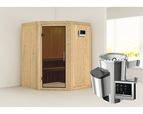 Sauna met glazen deur en saunakachel