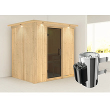 Houten sauna met glazen deur en kachel