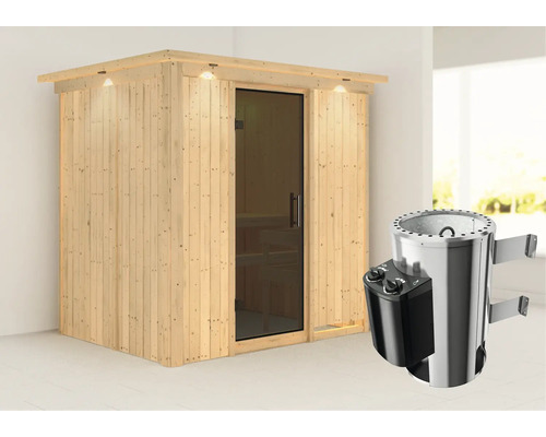 Houten sauna met glazen deur en kachel