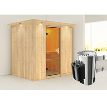 Houten sauna met glazen deur en kachel
