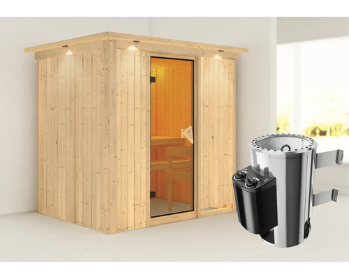 Houten sauna met glazen deur en kachel