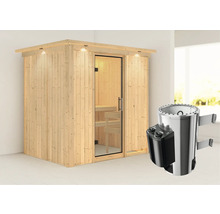Houten sauna met glazen deur en saunakachel