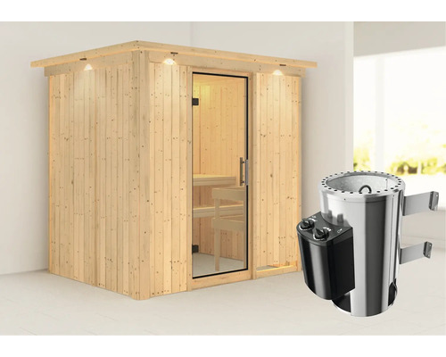 Houten sauna met glazen deur en saunakachel