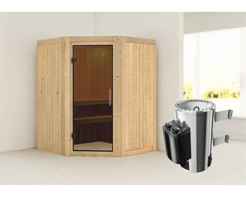 Houten hoeksauna met glazen deur en saunakachel