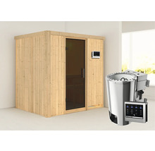 Sauna met glazen deur en saunakachel met bediening