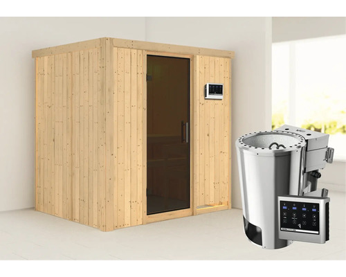 Sauna met glazen deur en saunakachel met bediening