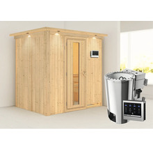 Houten sauna met glazen deur en saunakachel met bediening