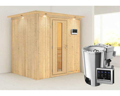 Houten sauna met glazen deur en saunakachel met bediening