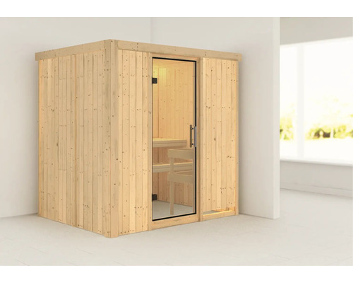 Houten sauna met glazen deur en interieur