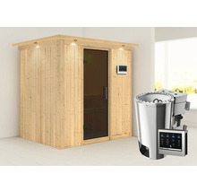 Houten sauna met glazen deur en saunakachel