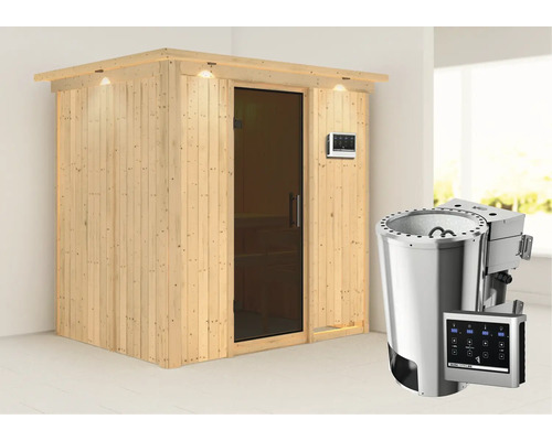 Houten sauna met glazen deur en saunakachel