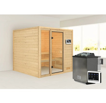 Houten sauna met glazen deur en saunakachel