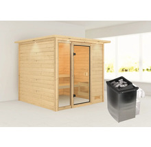 Houten sauna met glazen deur en saunakachel