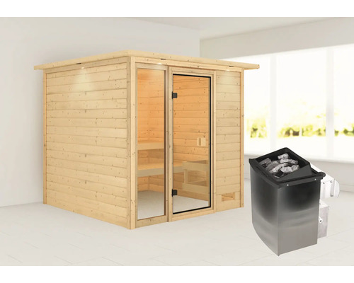 Houten sauna met glazen deur en saunakachel