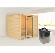 Houten sauna met glazen deur en saunakachel