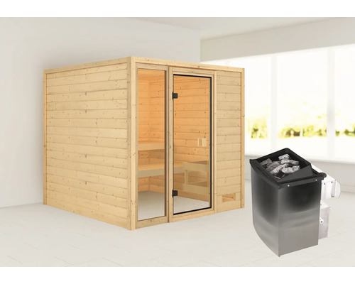 Houten sauna met glazen deur en saunakachel
