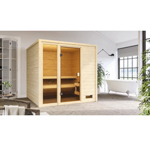 Houten binnensauna met glazen deur in de badkamer