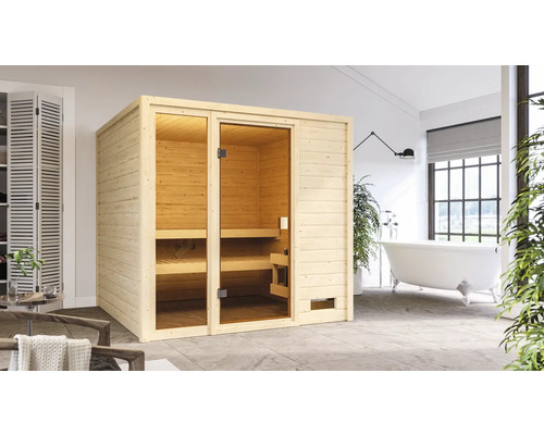 Houten binnensauna met glazen deur in de badkamer