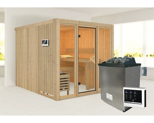 Sauna met saunakachel, stenen en bediening