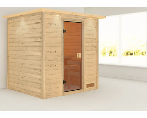 Houten sauna met glazen deur en binnenverlichting