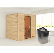 Houten sauna met glazen deur en saunakachel