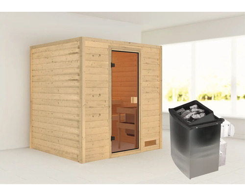 Houten sauna met glazen deur en saunakachel