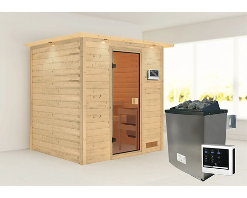 Houten sauna met kachel en bediening