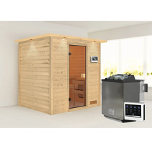 Sauna met houten bekleding, glazen deur en saunakachel