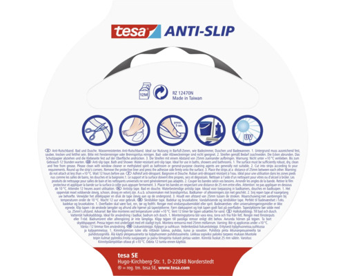 Tesa antislip tape voor bad en douche met symbolen voor toepassing en eigenschappen
