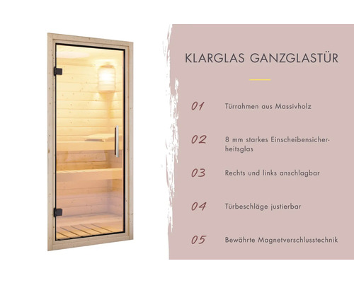 Saunadeur van helder glas met massief houten frame