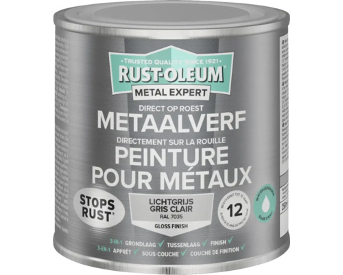 RUST-OLEUM Metal Expert Metaalverf direct op roest hoogglans waterbasis RAL 7035 lichtgrijs 250 ml