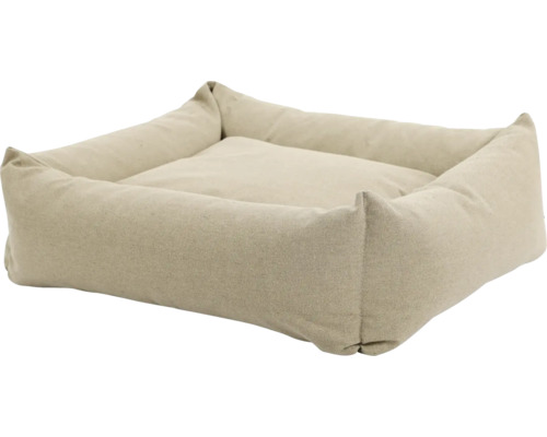 Lichtgekleurd, rechthoekig hondenbed van stof met binnenkussen.