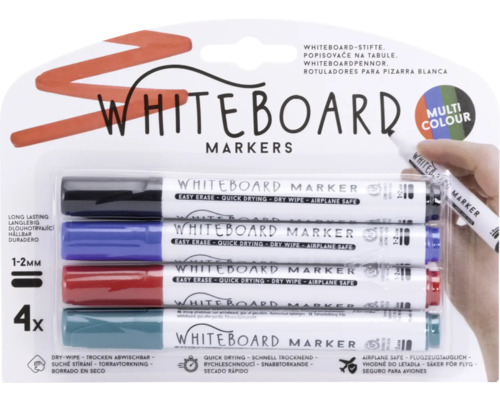 Vier whiteboard markers in verschillende kleuren
