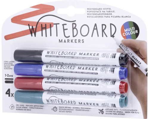 Verpakking met vier whiteboardmarkers in verschillende kleuren