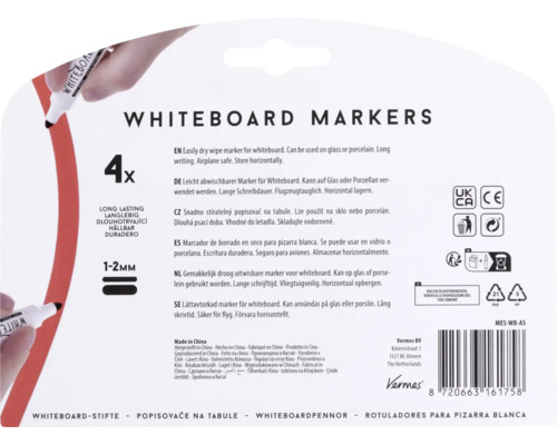 Verpakking van vier whiteboardmarkers met een lijndikte van circa 1 tot 2 millimeter
