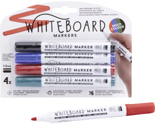 Verpakking met vier whiteboard markers in de kleuren zwart, blauw, rood en turquoise