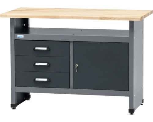 Werkbank met drie laden, een deur en een houten werkblad