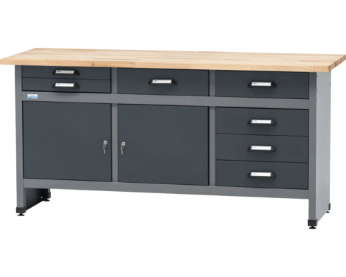 Werkbank met laden en kastvakken en een houten werkblad