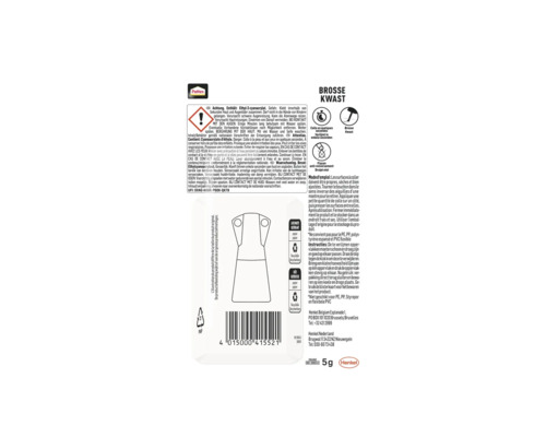 Pattex secondenlijm Brosse Kwast verpakking met waarschuwingen en recycling symbolen